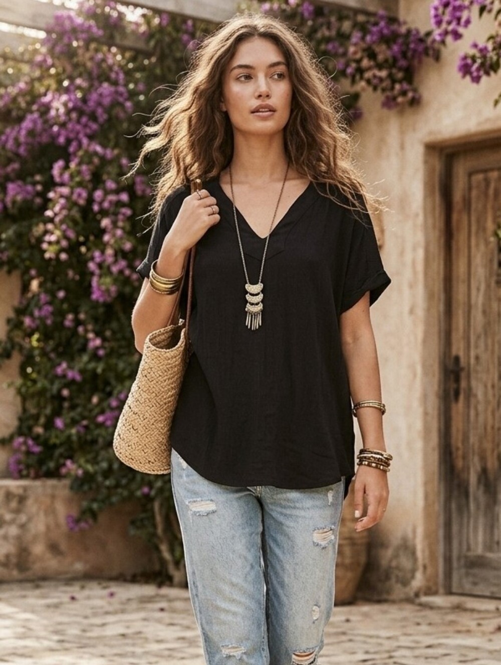 Monk & Lou Black Crinkled Rayon Loose Top Short Sleeve V-neck